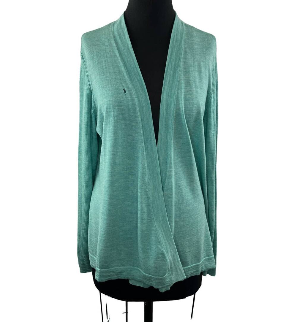 Eileen Fisher Green Cardigan Sweater Wool Open Front Long Sleeve Regular Fit XL